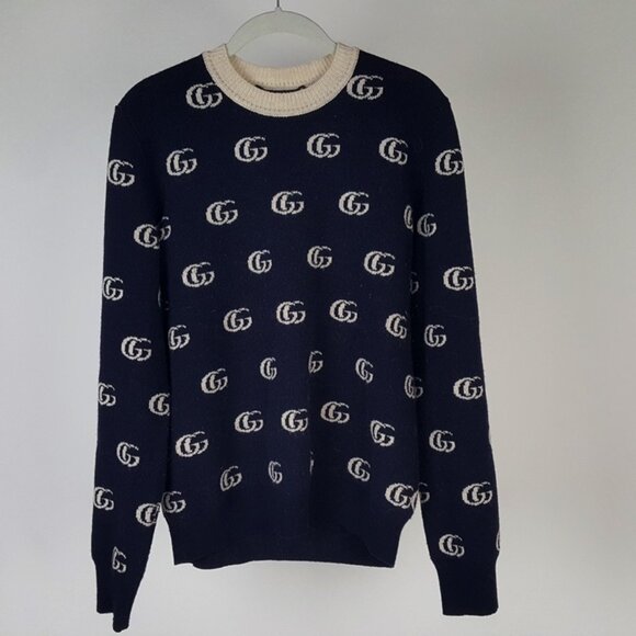 Gucci Navy GG Logo Crew Neck Wool Pullover Sweater Size M - Picture 1 of 4